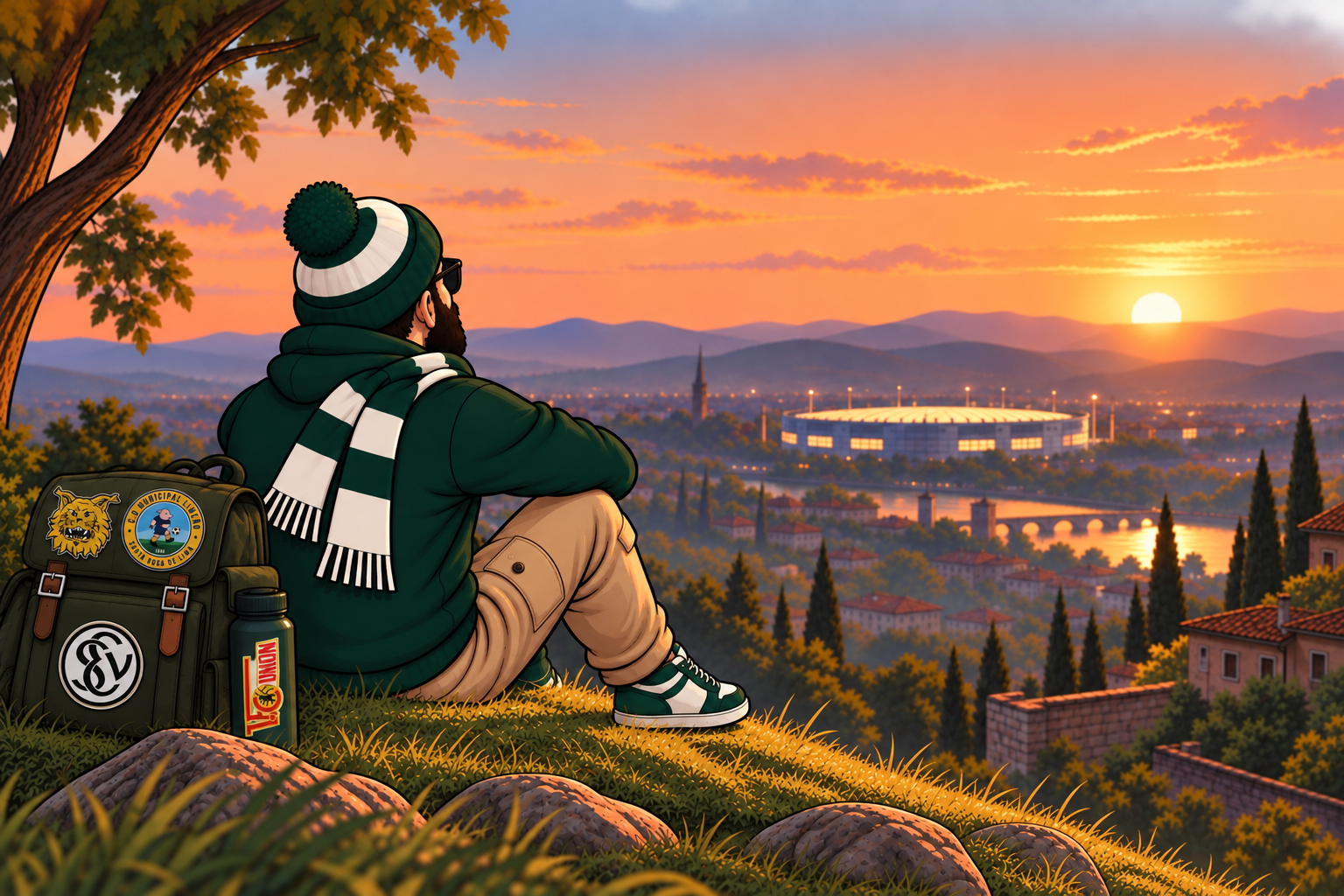 The traveller sitting on a grassy hillside at sunset, looking out over a city with a floodlit stadium in the distance