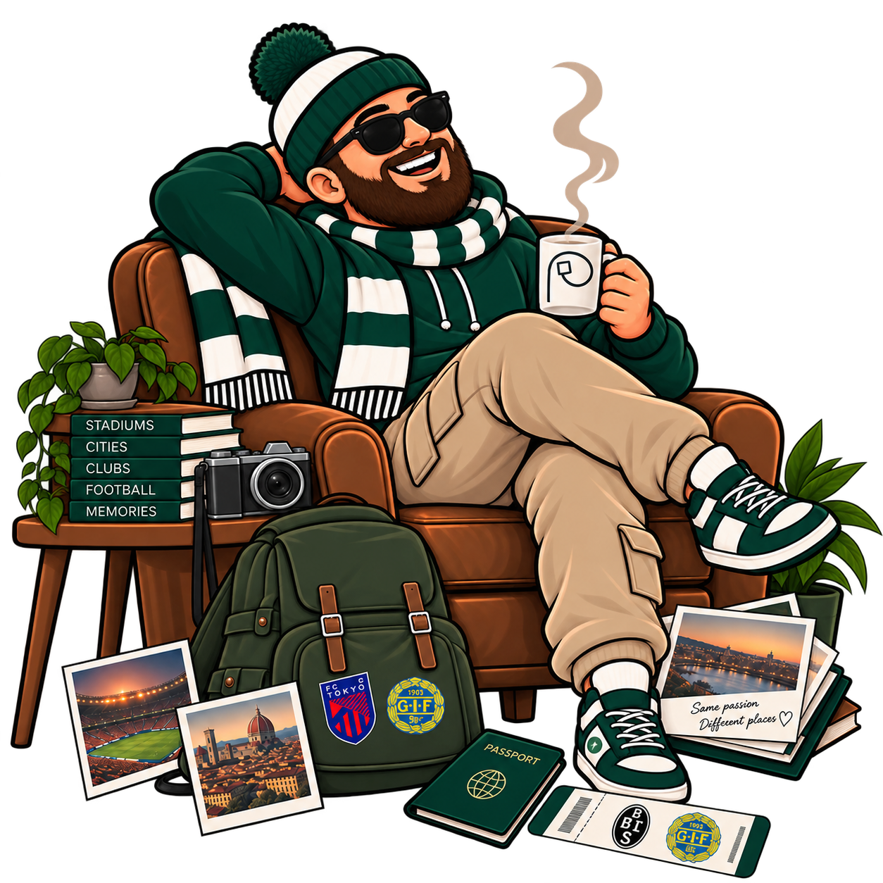 The Pilgria traveller relaxing with coffee, photographs and keepsakes from a football journey