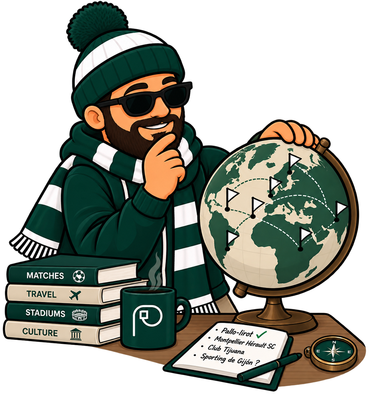 The Pilgria traveller planning a football journey with a globe, guidebooks and map notes