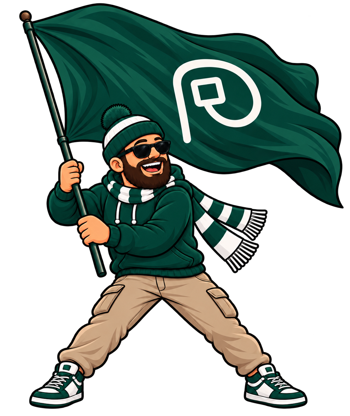 The Pilgria supporter waving an enormous green Pilgria flag