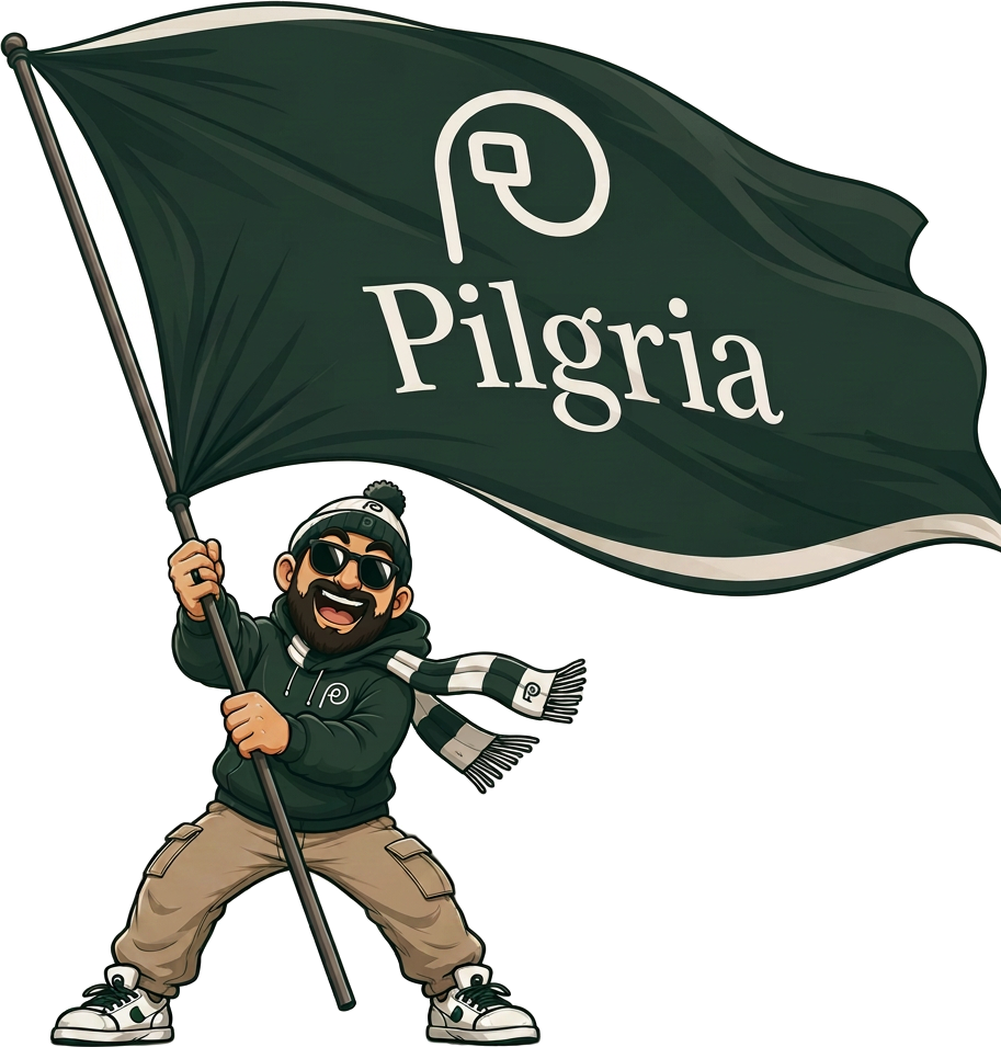The Pilgria pilgrim waving a giant Pilgria flag